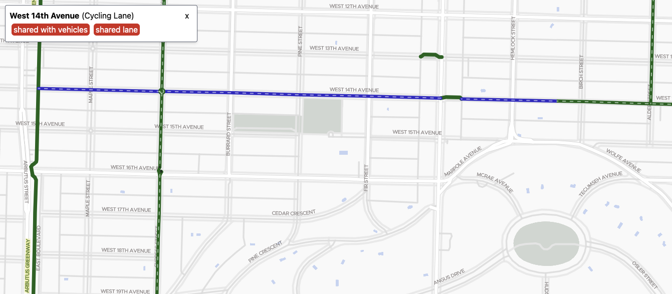 Screenshot of 14th Ave bike route