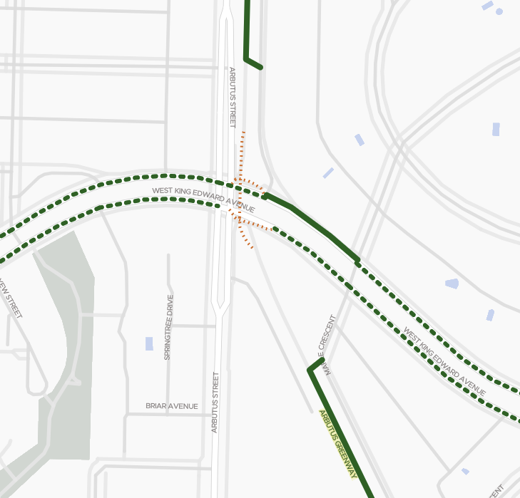 Screenshot of the map showing a partial closure of the Arbutus Greenway